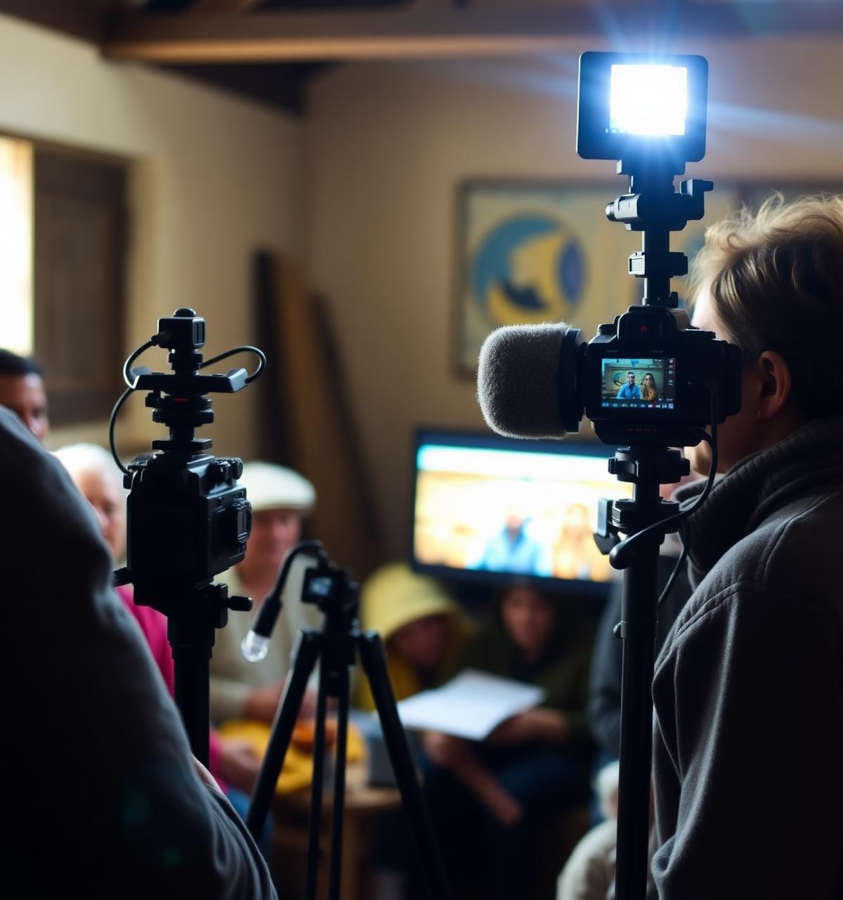 Camera and microphone setup filming a storyteller in a warm community space