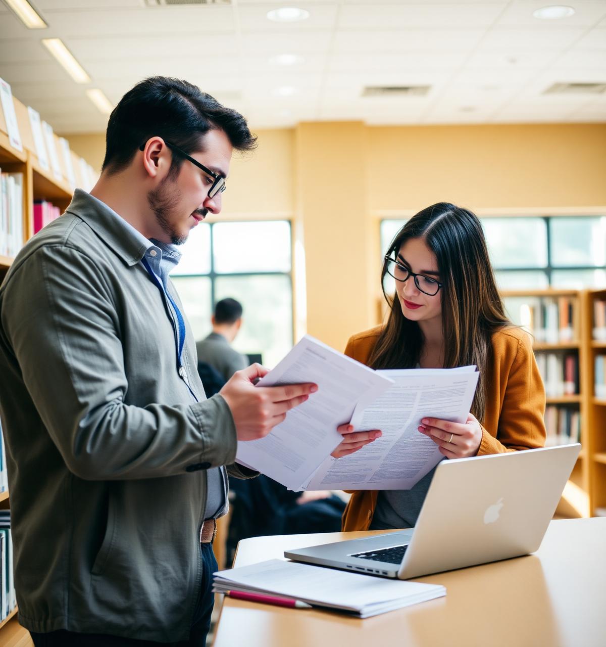 Two academic researchers reviewing printed reports in a sunlit library