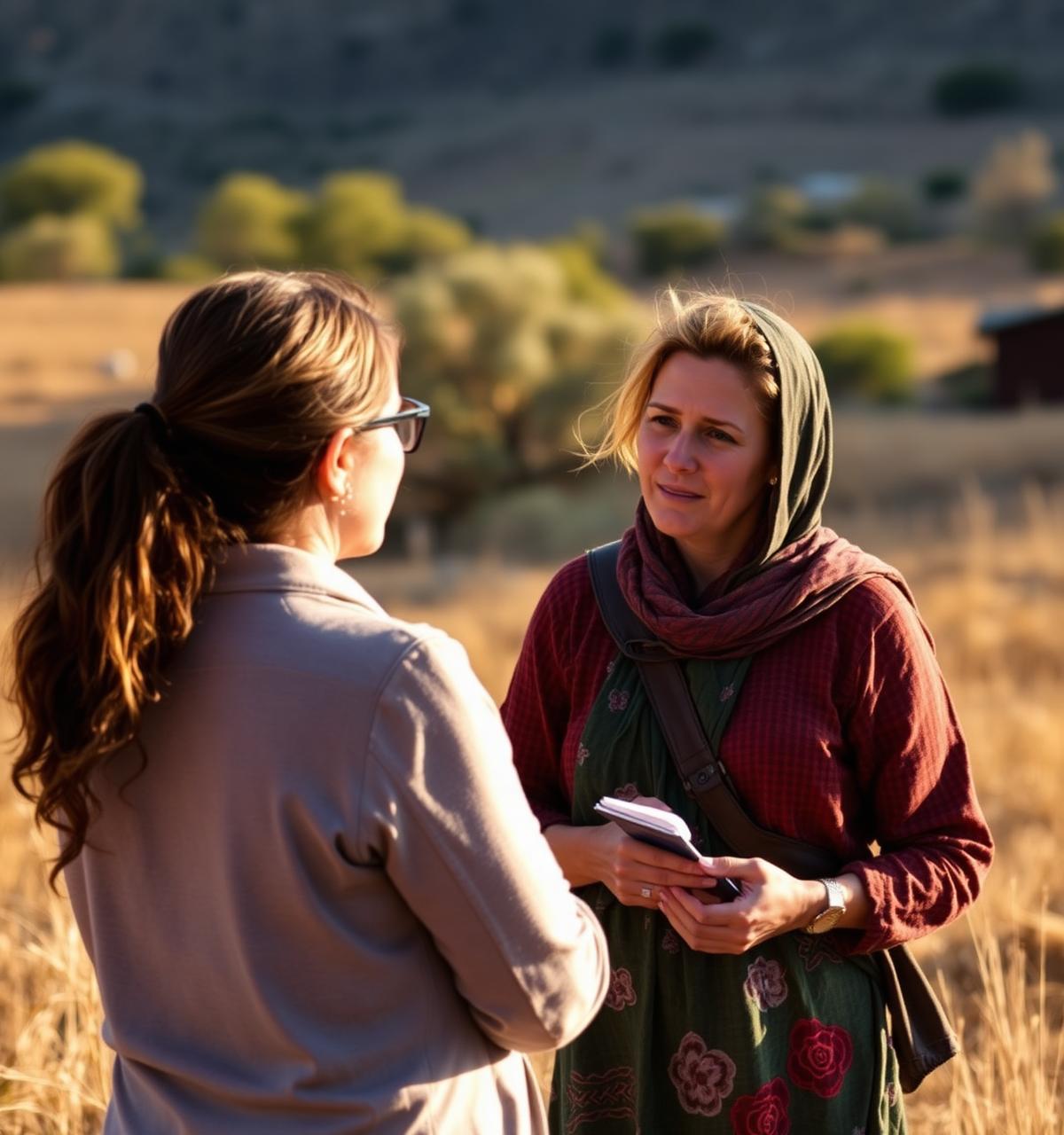 Field researcher interviewing a community member at golden hour